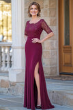 Graceful Burgundy Lace Applique Mother Of Bride Dress With Slit