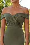 Matte Satin Olive Sheath Off the Shoulder Mother of the Bride Dress