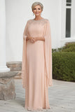 Flutter Sleeves Apricot Chiffon Column Scoop Neck Mother of the Bride Dress with Beading