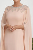 Flutter Sleeves Apricot Chiffon Column Scoop Neck Mother of the Bride Dress with Beading