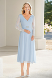 Lace Chiffon Sky Blue A Line V Neck Tea Length Mother of the Bride Dress with Belt