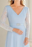 Lace Chiffon Sky Blue A Line V Neck Tea Length Mother of the Bride Dress with Belt