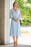 Sky Blue Lace Chiffon A Line V Neck Midi Length Mother of the Bride Dress with Belt