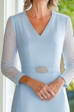 Sky Blue Lace Chiffon A Line V Neck Midi Length Mother of the Bride Dress with Belt