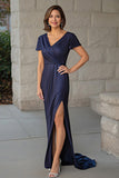 Glitter Navy Fabric Sheath V Neck Short Sleeves Drape Mother of the Bride Dress with Slit