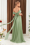 Green A-Line Off the Shoulder Chiffon Long Prom Dress