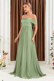 Green A-Line Off the Shoulder Chiffon Long Prom Dress