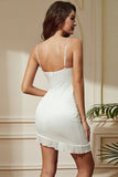 Bodycon Spaghetti Straps White Cocktail Dress with Ruffles