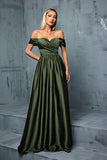 Army Green Off the Shoulder Satin A-Line Long Prom Dress