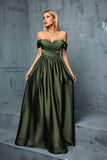 Army Green Off the Shoulder Satin A-Line Long Prom Dress