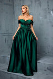 Army Green Off the Shoulder Satin A-Line Long Prom Dress