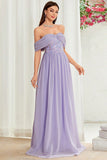 Off The Shoulder Grey Purple Floral Long Prom Dress