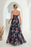 Printed Floral Navy Strapless A Line Long Formal Dress