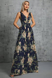 Navy V Neck A Line Printed Flower Chiffon Formal Dress