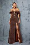 Sparkly Coffee Off the Shoulder Ruffled Sheath Formal Dress with Slit