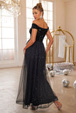 Black Mermaid Off The Shoulder Sequin Long Prom Dress With Tulle