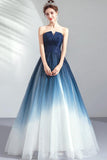 Navy A Line Strapless Tulle Pleated Long Prom Dress