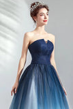 Navy A Line Strapless Tulle Pleated Long Prom Dress