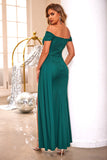 Dark Green Off The Shoulder Side Streamer Long Prom Dress With Slit