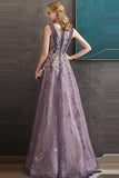 Purple A Line Round Neck Tulle Long Prom Dress