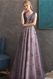 Purple A Line Round Neck Tulle Long Prom Dress