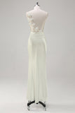 White Satin Cowl Neck Backless Prom Dress