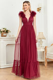 Burgundy A Line V Neck Sleeveless Tull Prom Dress