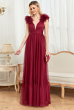 Burgundy A Line V Neck Sleeveless Tull Prom Dress