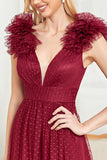 Burgundy A Line V Neck Sleeveless Tull Prom Dress