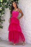 Fuchsia Spaghetti Straps A-Line Tulle Tiered Long Corset Formal Dress