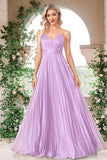 Sparkly Fuchsia A-Line Spaghetti Straps Pleated Long Formal Dress