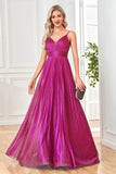 Sparkly Fuchsia A-Line Spaghetti Straps Pleated Long Formal Dress