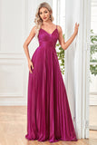 Sparkly Fuchsia A-Line Spaghetti Straps Pleated Long Formal Dress