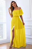 Yellow A-Line Off the Shoulder Ruffle Long Formal Dress with Slit