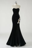 Black Strapless Velvet Sparkly Bows Long Formal Dress With High Slit (Not Gloves)