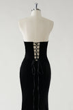 Black Strapless Velvet Sparkly Bows Long Formal Dress With High Slit (Not Gloves)