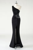 Black Mermaid One Shoulder Sparkly Sequin Ruched Long Prom Dress with Slit