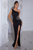 Sparkly Black Mermaid One Shoulder Sequined Ruched Long Prom Dress with Slit