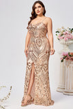 Sparkly Plus Size Golden Mermaid Sequin Embroidered Long Prom Dress with Split