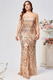 Sparkly Plus Size Golden Mermaid Sequin Embroidered Long Prom Dress with Split