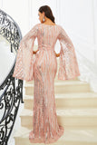 Sparkly Pink Mermaid V Neck Long Sleeves Sequin Long Prom Dress