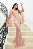 Sparkly Pink Mermaid V Neck Long Sleeves Sequin Long Prom Dress