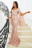 Sparkly Pink Mermaid V Neck Long Sleeves Sequin Long Prom Dress