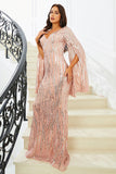 Sparkly Pink Mermaid V Neck Long Sleeves Sequin Long Prom Dress