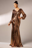 Metallic Brown Mermaid Long Sleeves Long Prom Dress with Slit