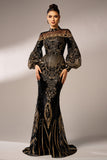 Sparkly Mermaid Long Sleeves High Neck Sequins Long Prom Dress