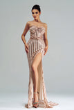 Apricot Mermaid Strapless Sequined Split Prom Dress