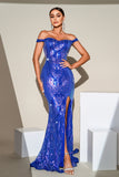 Blue Mermaid Sparkly Sequins Off The Shoulder Prom Dress with Slit