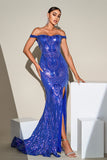 Blue Mermaid Sparkly Sequins Off The Shoulder Prom Dress with Slit