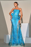 Mermaid Peacock Blue Sequin Strapless Long Prom Dress with Bow Streamer